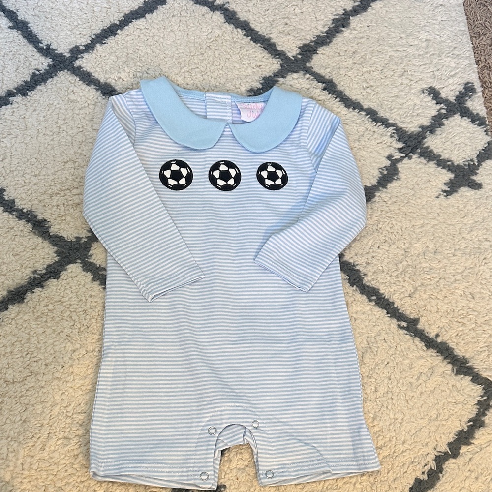 Stitchy Fish Baby Blue Striped Soccer One-Piece Romper